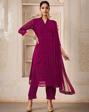 embroidered straight kurta with pants & dupatta