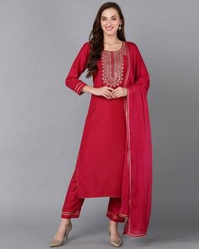 embroidered straight kurta with pants & dupatta