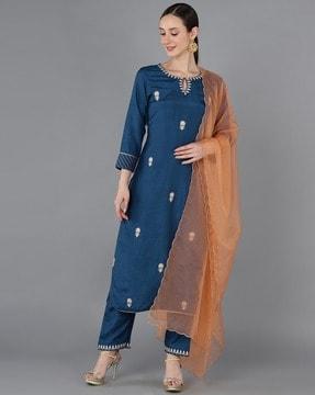 embroidered straight kurta with pants & dupatta