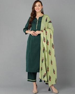 embroidered straight kurta with pants & dupatta