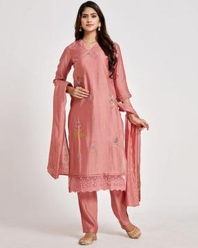 embroidered straight kurta with pants & dupattas