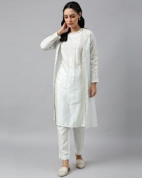 embroidered straight kurta with pants & trench jacket