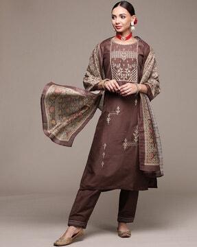 embroidered straight kurta with pants and dupatta