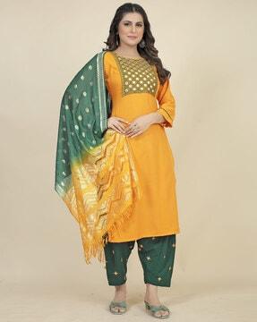 embroidered straight kurta with patiala pants & dupatta