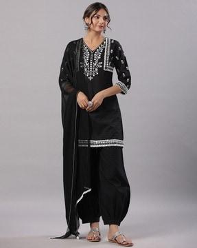 embroidered straight kurta with salwar & dupatta