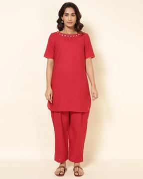 embroidered straight kurta with salwar set