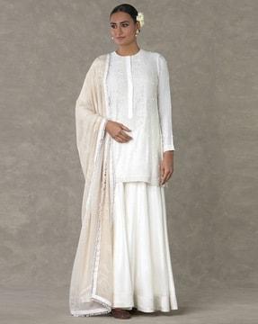 embroidered straight kurta with sharara & dupatta