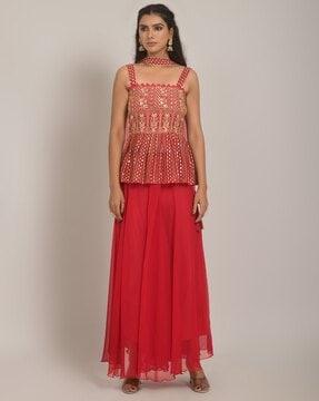 embroidered straight kurta with skirt & dupatta