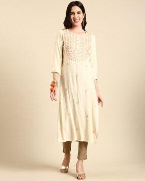 embroidered straight kurta with tie-up sleeves