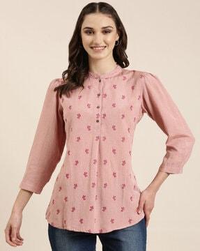 embroidered straight kurti with mandarin collar