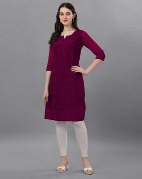 embroidered straight kurti with notched neckline