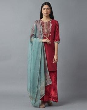 embroidered straight kurti with sharara & dupatta