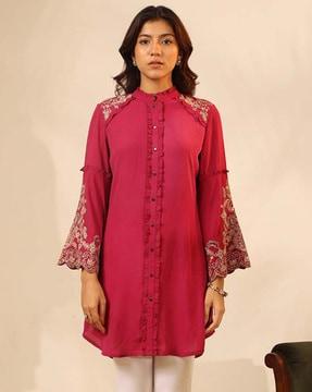 embroidered straight tunic with mandarin collar