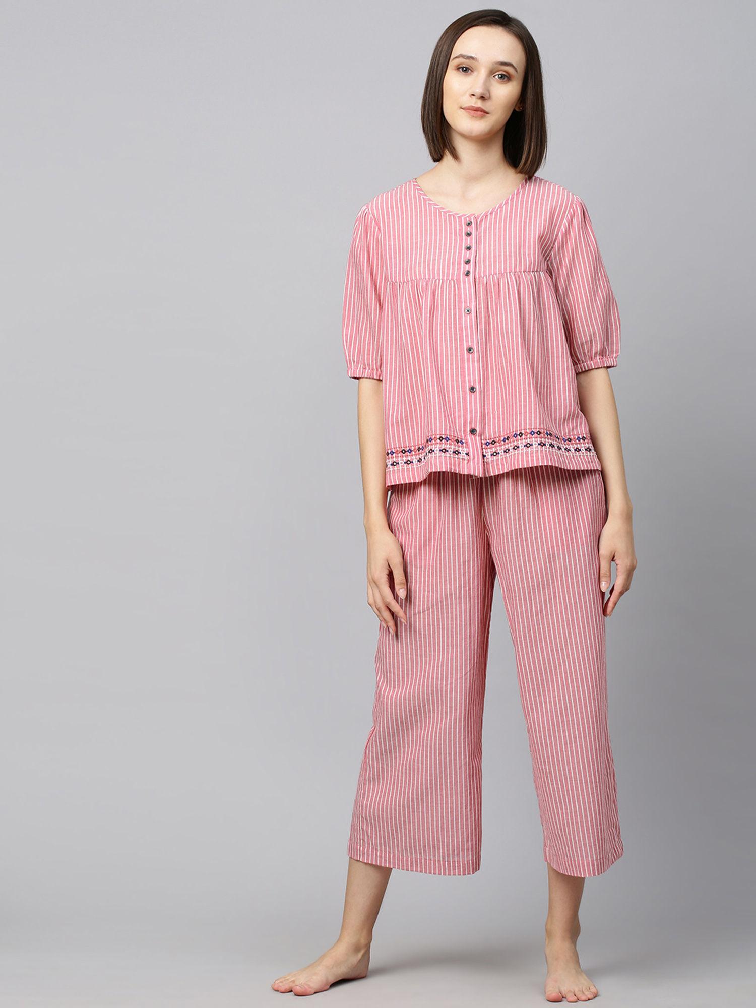 embroidered striped lounge set - pink