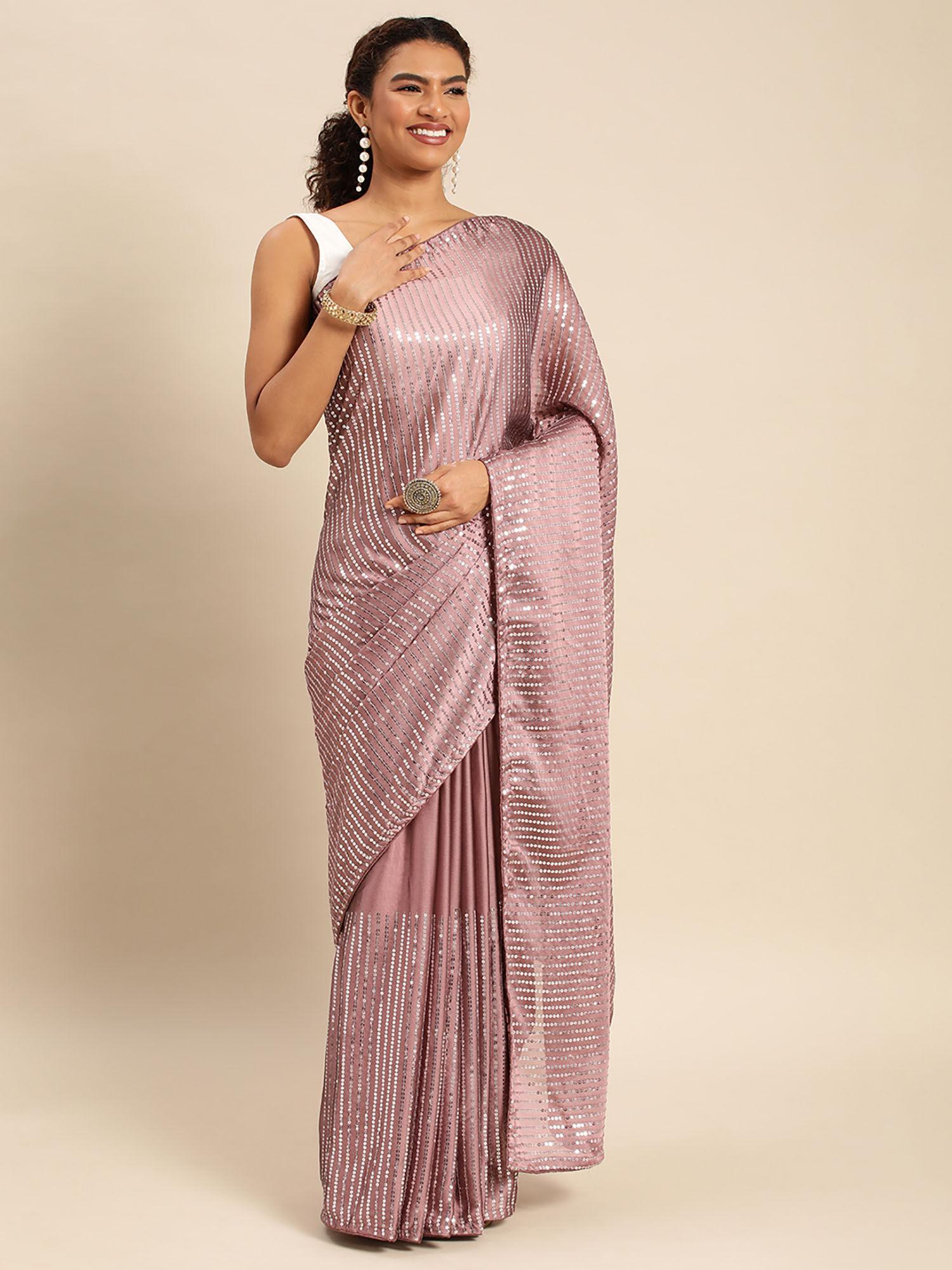 embroidered striped sequined satin saree with unstitched blouse