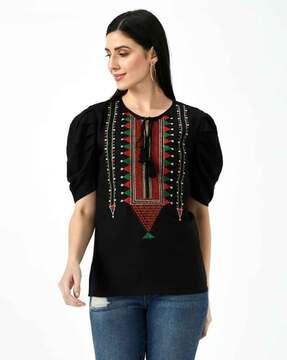 embroidered tie-up neck top