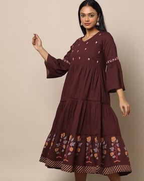 embroidered tiered dress with block print