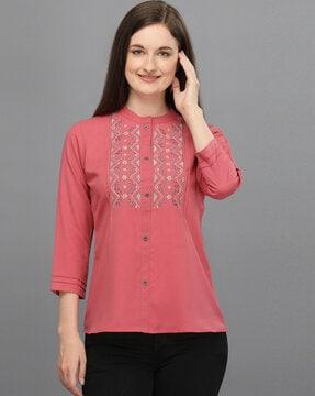 embroidered top with mandarin collar