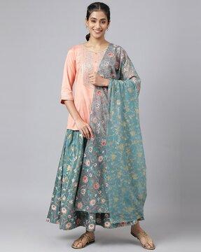 embroidered top with printed skirt & dupatta