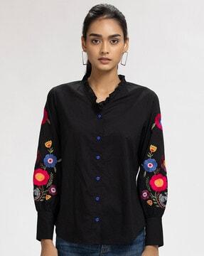 embroidered top with ruffle neck
