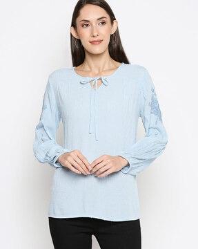 embroidered top with tie-up neckline