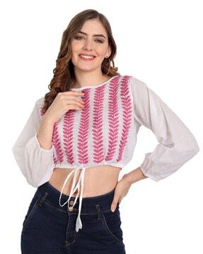 embroidered top with waist tie-up
