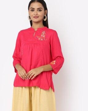 embroidered tunic with band collar