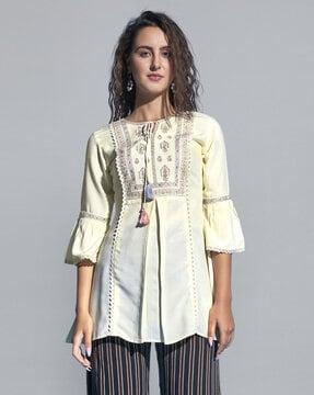 embroidered tunic with neck tie-up