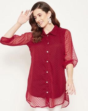 embroidered tunic with spread collar