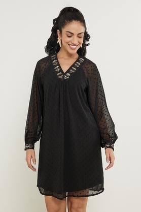 embroidered v neck chiffon women's knee length dress - black