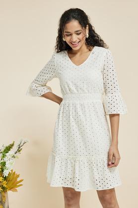 embroidered v neck cotton women's maxi dress - off white
