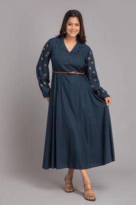 embroidered v-neck rayon women's ankle length dress - navy