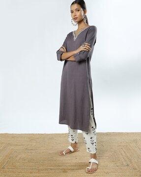 embroidered v-neck straight kurta with pants