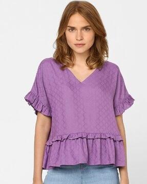 embroidered v-neck top with ruffle accents