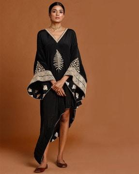embroidered v-neck tunic with asymmetrical hem