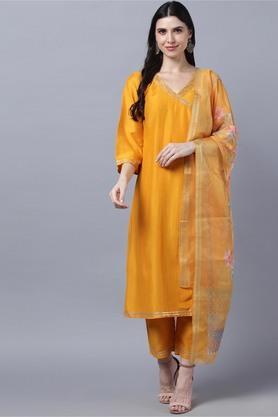 embroidered v neck womens salwar kurta dupatta set - mustard