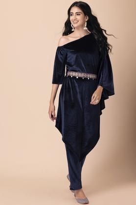 embroidered velvet one shoulder women's kurta palazzo set - blue