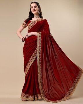 embroidered velvet saree with lace border