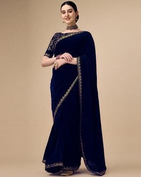 embroidered velvet saree with lace border