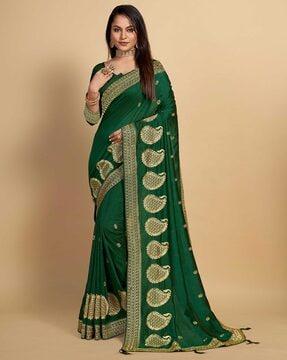 embroidered vichitra silk saree with tassels