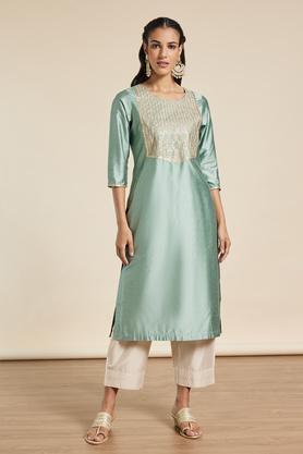 embroidered viscose blend round neck women's festive wear kurta - green