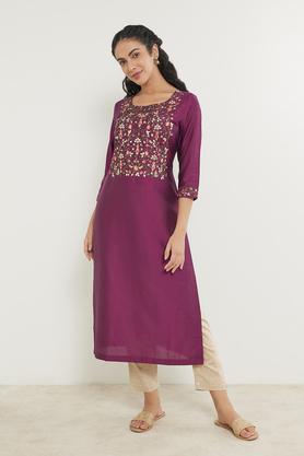 embroidered viscose blend round neck women's kurta - purple