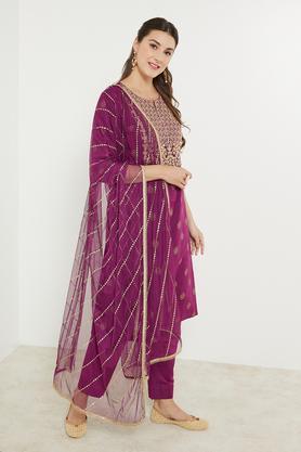 embroidered viscose blend round neck women's kurta pant dupatta set - purple