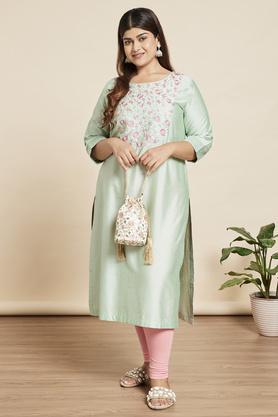 embroidered viscose blend round neck women's kurtas - green