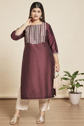 embroidered viscose blend round neck women's kurtas - maroon