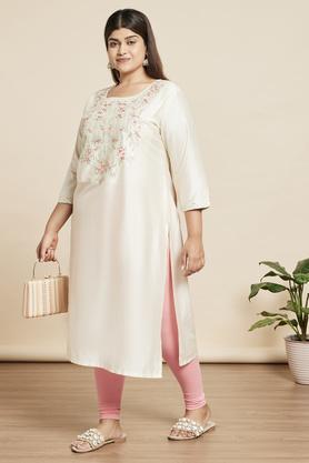 embroidered viscose blend round neck women's kurtas - natural