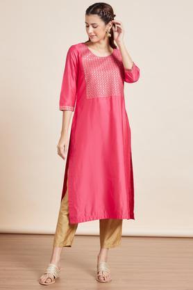 embroidered viscose blend round neck womens festive wear kurta - coral