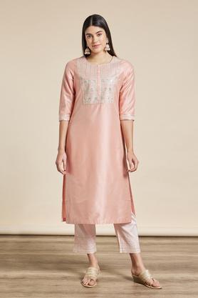 embroidered viscose blend round neck womens festive wear kurta - coral