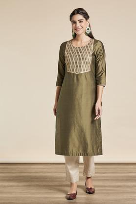 embroidered viscose blend round neck womens festive wear kurta - green