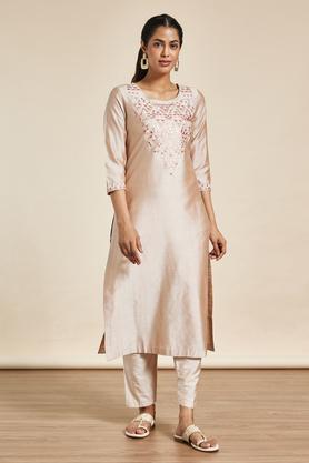 embroidered viscose blend round neck womens festive wear kurta - mauve